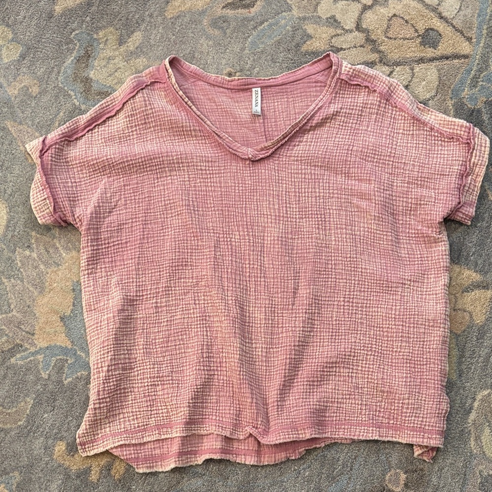 Zenana Outfitters Pink Washed Gauze Short Sleeve Tee